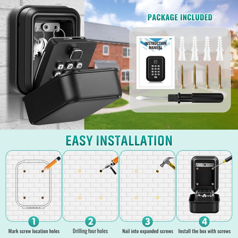 TEUEN Key Lock Box with Code, Waterproof Sturdy Wall Mount
