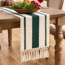Aisybaklyn Table Runner Modern Green Spring Boho Decoration Wedding Cotton Linen Macrame Tassel Modern Wedding Decoration Table Runner Rustic Table Decoration for Wedding Kitchen 30 x 140 cm
