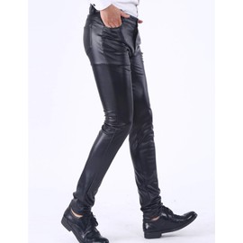 Yeokou Mens Business Casual High Waist Straight Leg PU Faux Leather Biker Pants（Black(Skinny Leg)-36）