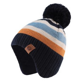 XIAOHAWANG Knitted Baby Hat Winter Warm Boys Girls Beanie Fleece Lining Toddler Kids Hat with Pompom (Navy Striped Hat, L)
