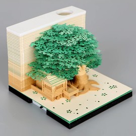 MEICHI 3D Notepad, Not Glued, 3D Tree House (Green) Paper Art with Display Box, Crystal Clear, 9 x 9 x 6 cm, 260 Sheets, Table Decoration