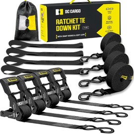 DC Cargo Mall Ratchet Straps Tie Downs 4 Pack (1,800 LB Break Strength) 1" x 15 Feet Tie Down Straps with Safety Lock S Hooks for Cargo, Trucks, Appliances, Moving.