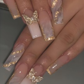 Long wear nails, fake nail patches, soft white nail patches. (X043 Golden Butterfly, L)
