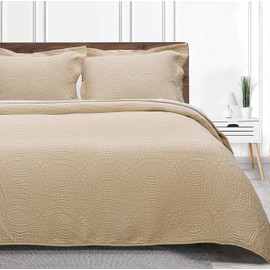 Threadmill Quilts Queen Size Sets | 3-Piece Queen Quilt Set with 2 Pillow Shams - Reversible Soft Breathable and Lightweight Quilt Queen Bedspread Coverlet Bedding Set - Beige