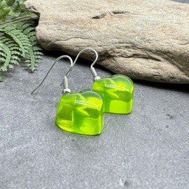 Lime Green Heart Charm Earrings - Super Cute Resin Charm Beads on Silver Tone Nickel Free Hooks : 33mm