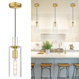 AUTELO Gold Pendant Lights - Glass Pendant Light Fixtures, Vintage Hanging Lamp in Brushed Gold Metal Finish with Clear Linear Glass, Kitchen Pendant Lighting Over Island for Dining Room, H3875 BG-M