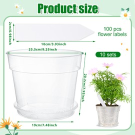 Hushee 10 Pcs 9.25 Inch Clear Nursery Pots with 10 Pcs Saucer and 100 Pcs Plant Labels Set Transparent Plastic Plant Pot with Drainage Hole Clear Planter with Drip Tray for Herb Flowers Vegetable