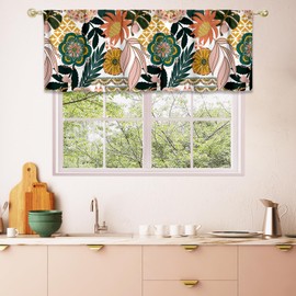 MitoVilla Colorful Boho Floral Valance Curtains for Living Room, Rustic Pattern Semi Sheer Kitchen Valances for Windows, Rod Pocket Short Window Treatment Decor, 52x18