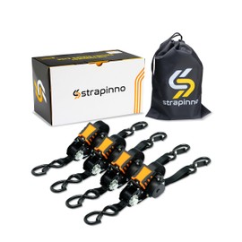 Strapinno Retractable Ratchet Straps - 1 in x 12 ft Heavy Duty Tie Downs, 1800lbs Breaking Strength Each, S Hooks with Safety Clip, AutoRetract, for Moving, Motorcycle, Boat, Kayak, and Cargo (4 PCS)