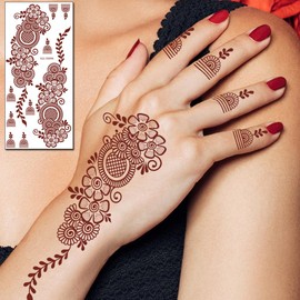 PPVWEY 10 Sheets Temporary Tattoos Stickers, Flowers Henna Fake Tattoo Kit Large Body Art Tattoos for Girls Women Arm Chest Shoulder Sticker (Brown)