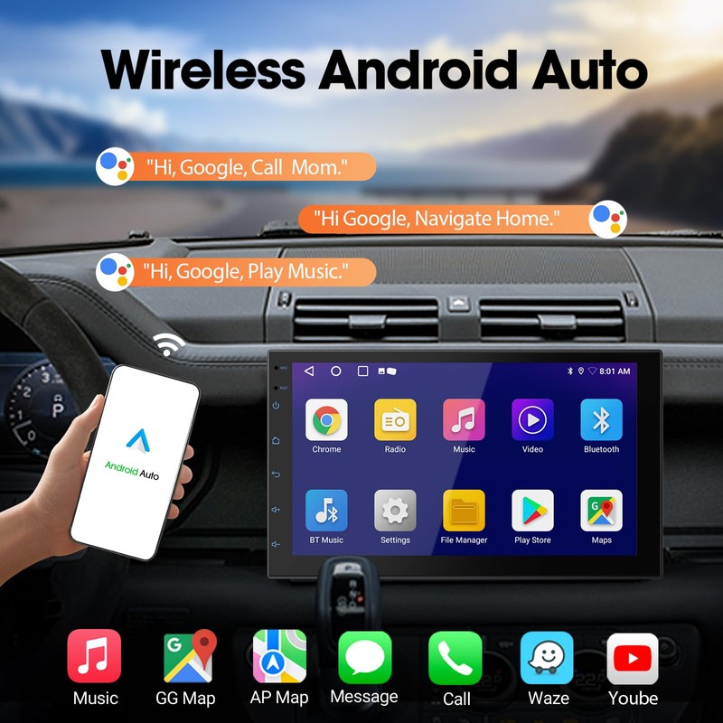Haudio 7" Double Din Car Stereo with Wireless CarPlay &