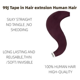 Tape-In Hair Extensions, Human Hair, Real Hair Extensions, Seamless Remy Hair Extensions, Invisible Straight Tape-In Hair Extension, Human Hair, Straight Hair Extensions (99j, 22 Inches (55 cm) – 50 g