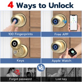 Dhiedas Fingerprint Door Lock - Smart Biometric Electronic Fingerprint Door Knob with App Key, Keyless Thumbprint Entry Door Lock for Bedroom Front Door Home Apartment Office Garages Gold