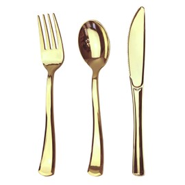 Juego de cubiertos de plástico dorado de 75 piezas, de plástico reciclable, reutilizable, 25 tenedores, 25 cucharas, 25 cuchillos, ideal para bodas, a
