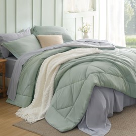 Bedsure King Size Comforter Set - 7 Pieces Reversible Sage Green Bedding, King Size Bed Set for All Seasons, Bed in a Bag with Down Alternative Comforter, Sheets, Pillowcases & Shams