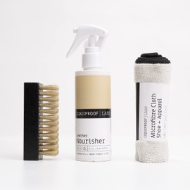 Liquiproof LABS Leather Shoe Care Kit. Leather Nourisher cream 125ml with a gentle hog hair brush and a microfibre cleaning cloth in a reusable travel bag. Contains nourishing beeswax.