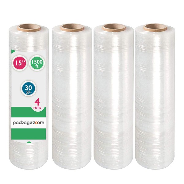PackageZoom Pre Stretched 15” x 1500 ft 4 Rolls Stretch Wrap Film Clear Cling Plastic for Moving and Packaging Stretch Wrap