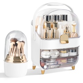 Brothersbox Makeup Organizer Countertop, Skincare Organizers with Clear Lid & 2 Drawers and Brush Holder, Make up Organizers for Vanity, Cosmetic Organizer for Bathroom Counter Dresser (White)