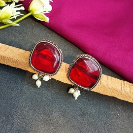 Efulgenz Oxidized Indian Earrings for Women Antique Statement Earrings Geometrical Pattern Maroon Stud Earrings Crystal Faux Pearl Charms Earrings Set Indian Oxidized Jewelry Stud Earrings Bohemian Boho Jewelry for Women