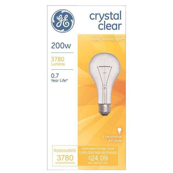 GE Incandescent Light Bulb 200 watts 3780 lumens 2900 K A-Line A21 Medium Base (E26) 1 pk