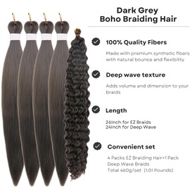 Dark Grey Braiding Hair Pre Stretched for Boho Braids Hypoallergenic Boho Braiding Hair Pre-stretched Knotless ez Braids Synthetic braid hair extensions