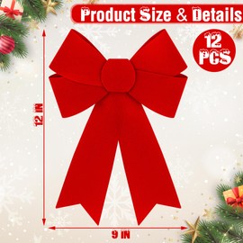 12 PCS Christmas Bows for Tree, 9 x12 in Large PVC Bows for Christmas Decorations Indoor, Red Plastic Xmas Bows, Outdoor Xmas Home Wreath Fence Stairs Railing Fireplace Front Door Supplies