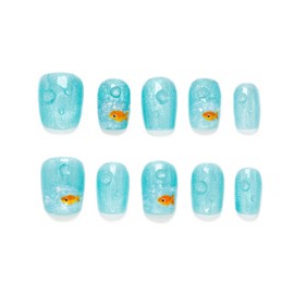 Kokowomite Nails Handmade Nail Tips, Short, Oval, Light Blue and Orange, Small Fish and Bubbles, Cute Korean Style, Cool Feeling, Popular 3D Design, Includes Storage Box, Set of 10