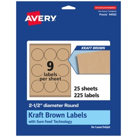 Avery Kraft Brown Round Labels with Sure Feed, 2.5" Diameter, 225 Kraft Brown Labels, Print-to-The-Edge, Laser/Inkjet Printable Labels