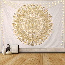 Edeesky White and Gold Mandala Tapestry Wall Art for Living Room, Bedroom Decor