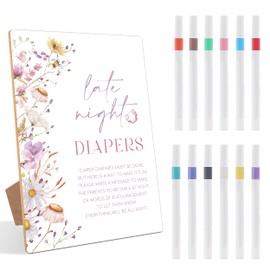 XQF 13 Pcs Late Night Diapers Baby Shower Games, Include Wood Sign and 12 Pens, Gender Reveal Games, Baby Shower Games Table Sign, Flower Decorations, Newborn Announcement Party Decor Supplies