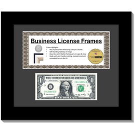 CreativePF [$L8.5x11bk-b] Black First Dollar Frame with Business License, Mat Holds 1st Dollar and One 3.5x8.75 License Including Self Standing Easel and Wall Hanger