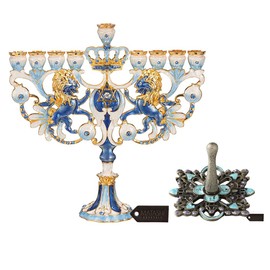 Matashi Hand-Painted Spinning Dreidel Holiday Ornament & Blue-Ivory Regal Lion Menorah Candelabra (Pewter) with Gold Accents and Crystals Jewish Candle Holder Hanukkah Gift Jewish Decor