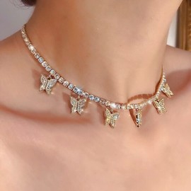YERTTER Dainty Full Butterfly Pendant Rhinestone Tennis Chain l Rhinestone Collar Statement Clavicle Choker Necklace Adjustable for Wedding Party Music Bar Women