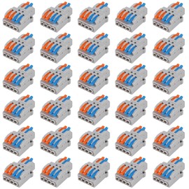 Meimom 30Pcs Lever Wire Connectors, 2 in 4 Out, Blue, Quick Connect, Nylon/Polycarbonate, Terminal Block