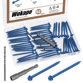 Wokape 52PCS 3/16" x 2-1/4" Slotted Hex Concrete Screw Anchor Kit, Blue Slotted Hex Screws with Drill Bit and Hex Bit Socket Diamond Point Hex Washer Head Concrete Screw