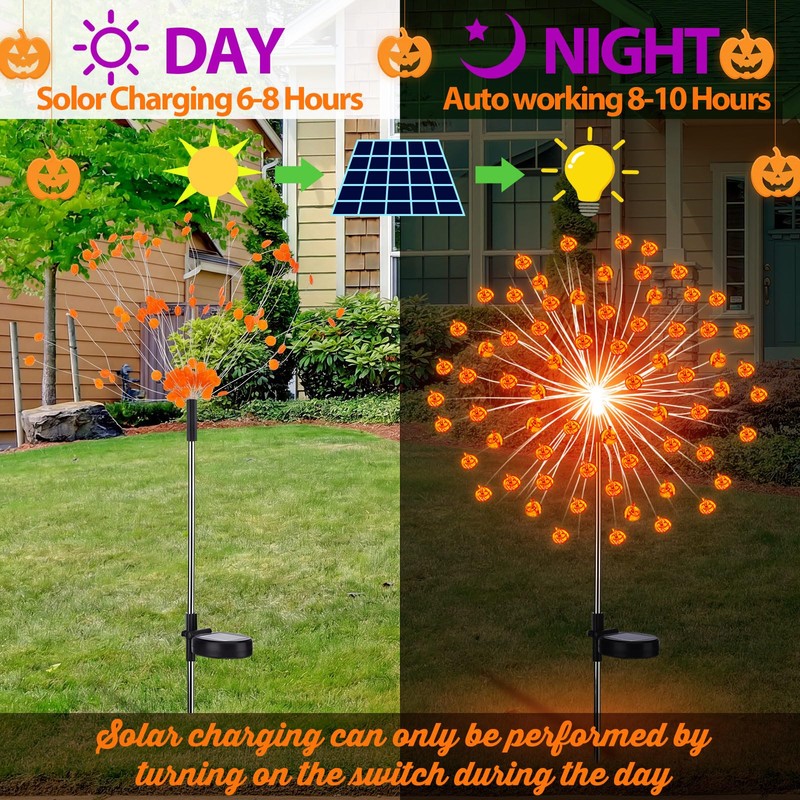 Tujoe 4 Pcs Halloween Pumpkin Solar Firework Lights Decorations Garden