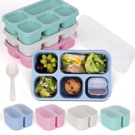 Bento Box Lunch Boxes,4 Pack 5 Compartments Lunch Containers With Compartments,Meal Prep Containers Reusable for Kids,Divided Food Storage Snack Containers for Adults (Wheat(Green/Blue/Pink/Beige))