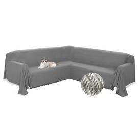 HDCAXKJ Sectional Couch Covers L Shape Corner Sofa Cover Blanket Jacquard Knitted U Shaped Sofa Slipcovers with Tassel Soft Washable Non Slip Pet Dog Furniture Protector (Grey, 91x276 inch)