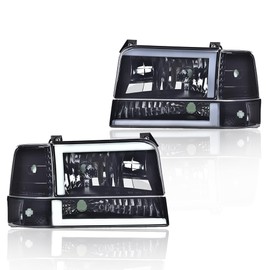 LQI LED DRL Headlights, Compatible with 1992 1993 1994 1995 1996 Ford Bronco F150/ 92-97 F250 F350 Super Duty w/Corner Signal Smoky lens Black Housing Clear Reflector