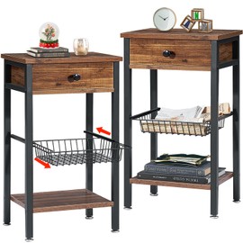 VECELO Tall Side End Table,Nightstands Shelf Storage Organizer with Sliding Basket for Telephone Entryway/Living Room/Bedroom/Kitchen,Small Spaces,27.6" H, 1 Set