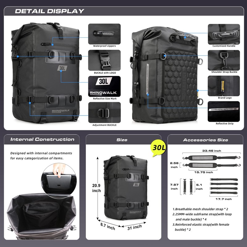 Rhinowalk Motorcycle Tail Bag, Travel Luggage Bags, Waterproof Rear Carrier,