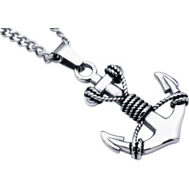 BlackJack Men’s Anchor Pendant, 316L Stainless Steel Necklace White/Gold/Black/Blue with a 24” Curb Chain, Simple Jewelry Gifts (Silver)