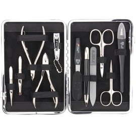3 Swords Germany - brand quality 11 piece manicure pedicure grooming kit set for professional finger & toe nail care scissors clipper black genuine leather case in gift box, Made in Germany
