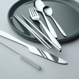 AlepTau Portable Travel Utensils Silver Set Reusable Silverware with Case US Stock