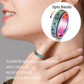 AmorArtSky Spinner Ring for Anxiety Relief Fidget:Anxiety Ring for Women Men,Titanium Stainless Steel Spinner Ring,5 Colors,6MM,Fidget Ring,Moon Star,Hollow Outer-Rainbow