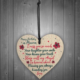 RED OCEAN Happy Birthday In Heaven Wooden Heart Mum Dad Nan Grandad Birthday Memorial Plaque Gifts