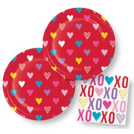 XO Valentines Day Supplies Tableware Plates and Napkins for Kids Class Parties, Heart Birthday Decorations, Galentines Party (32 Piece)