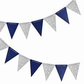GAKA FAVOR Bunting Garland Navy Blue and Silver Bunting Triangle Flag Banner 10 Meters for Party Decorations 30 Flags