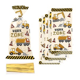CSTYWC 50 Pieces Construction Theme Cellophane Bags Truck Themed Candy Treat Bags Gift Bags with 50PCS Twist Ties for Kids Boys Party Supplies Decorations