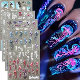 Summer Nail Stickers Ocean Theme Nail Decals 4PCS 3D Coconut Tree Jellyfish Starfish Fish Shell Sea Wave Seahorse Coral Pattern Design Adhesive Slider Accessories Nail Art Supplies Decorations Charms